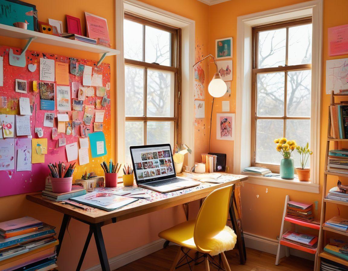 A vibrant workspace filled with colorful stationery, a laptop open with a blog post draft on the screen, and a large creative vision board pinned with ideas and inspirations. In the background, a cozy bookshelf overflowing with books about blogging and creativity. Bright sunlight streaming through a window, casting playful shadows. Artistic elements like paint splatters and whimsical doodles filling the space. super-realistic. vibrant colors. natural light.