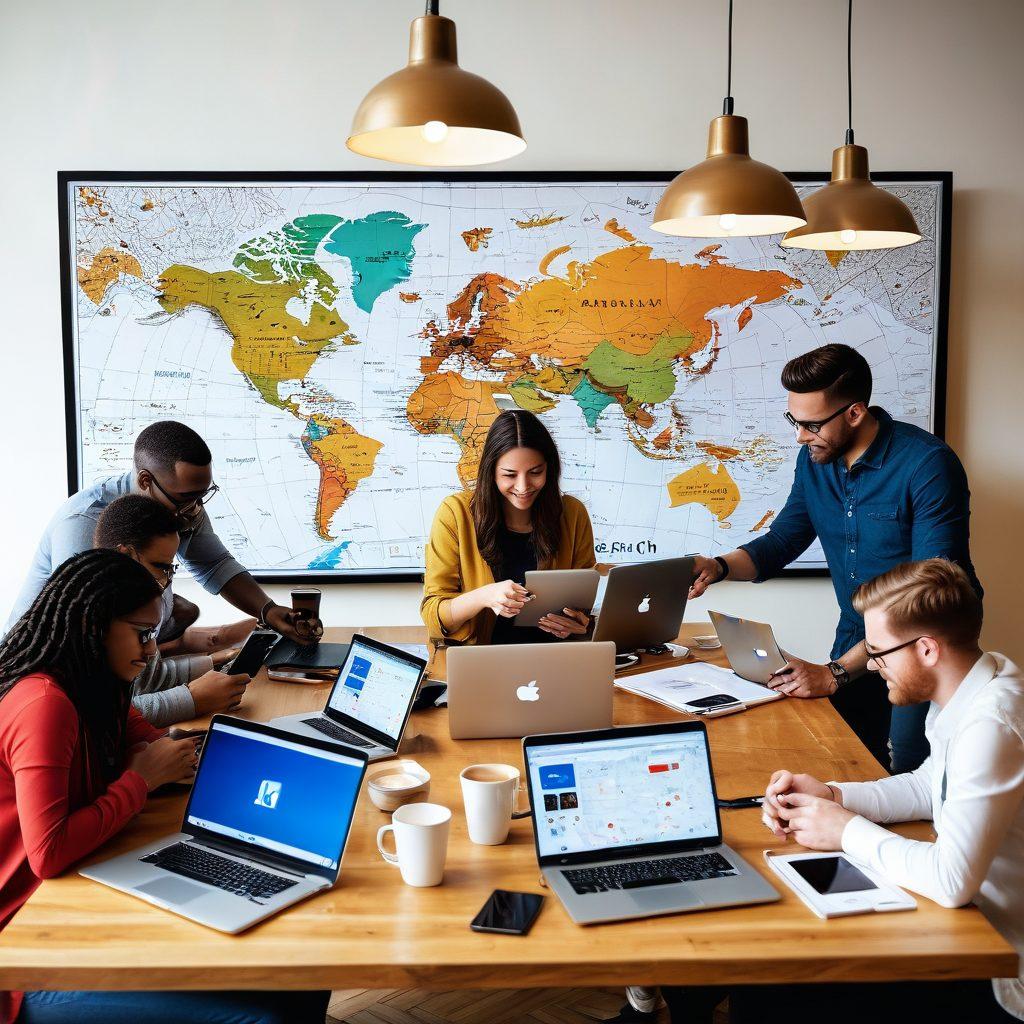 A diverse group of bloggers collaborating around a digital map, showcasing various social media platforms and blogging tools. Bright colors highlight interconnected pathways symbolizing communication and community. Include elements like laptops, smartphones, and coffee cups in a cozy cafe setting. Emphasize a sense of teamwork and creativity. vibrant colors. super-realistic.